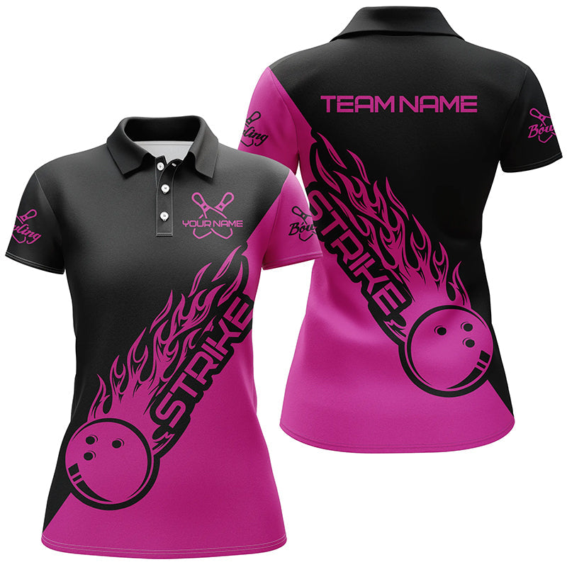 Personalized Pink And Black Bowling Strike  Name All Over Printed Shirt For Women Cornbee