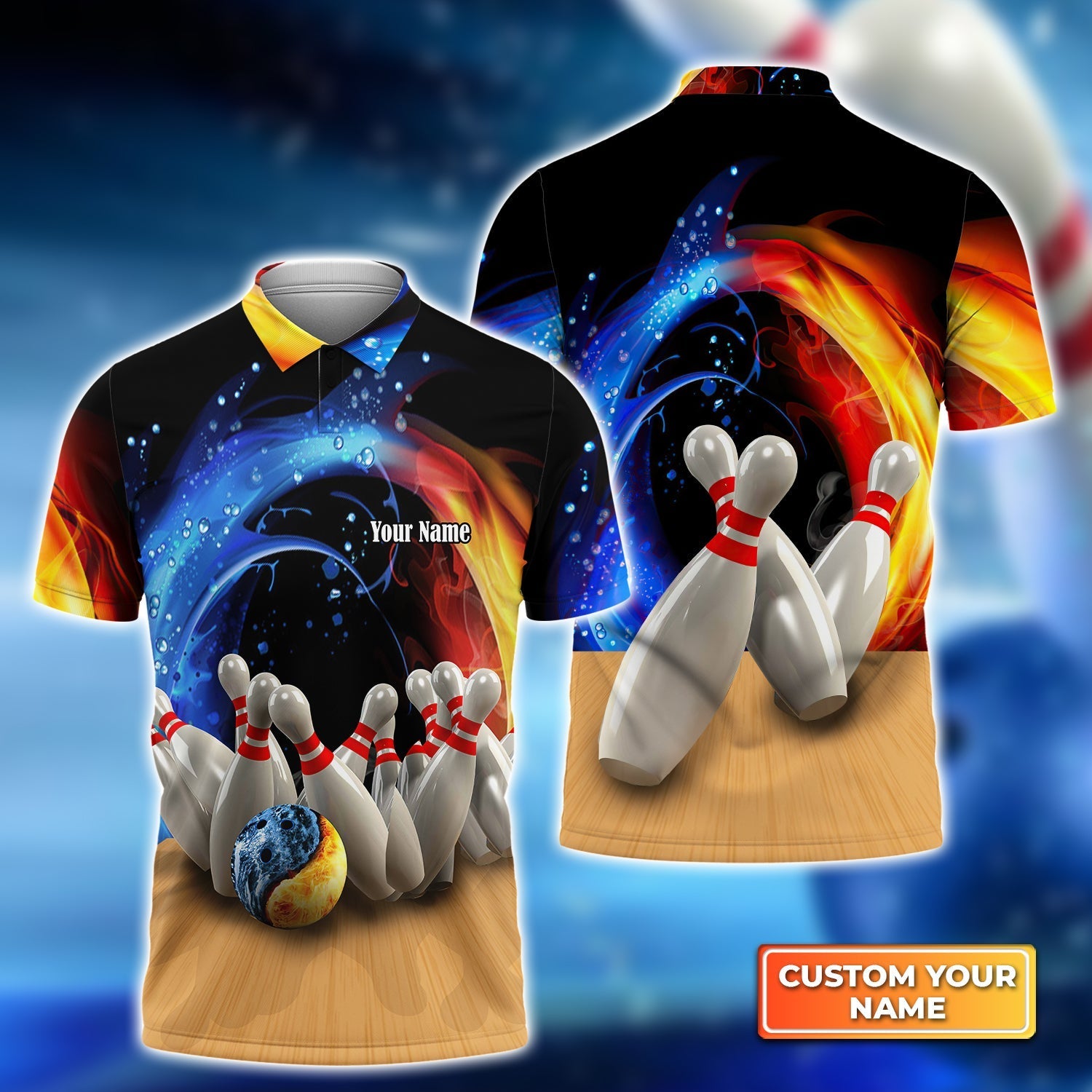 Personalized Bowling Game Strike Water and Fire  Name All Over Printed Shirt Cornbee