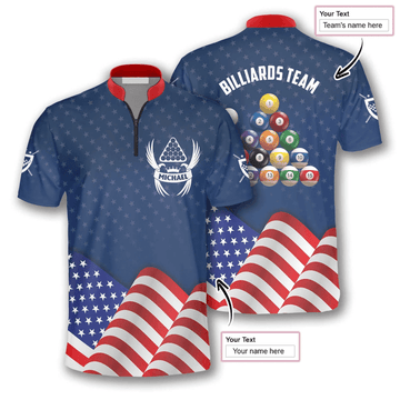 Cornbee Patriotic Waving Flag Billiard Custom Name Zipper Polo Shirt