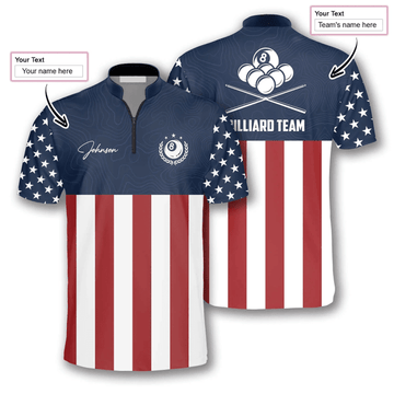 Cornbee 8 Ball Patriotic Flag Navy Billiard Custom Name Zipper Polo Shirt