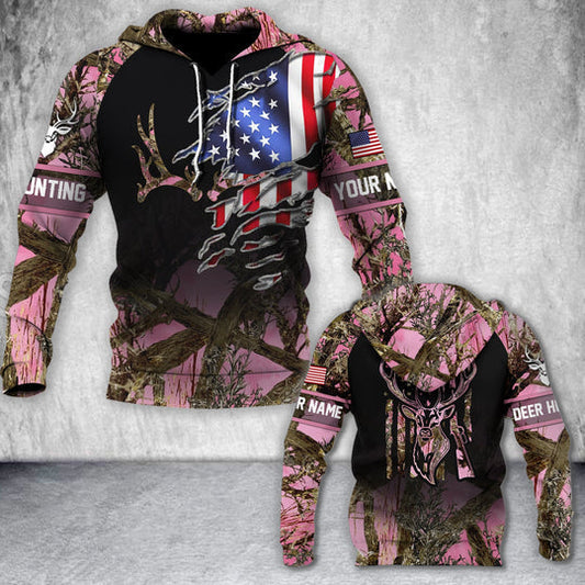 Cornbee Custom Name Premium Unique Tear Flag Antler Deer Hunting Hoodies 3D
