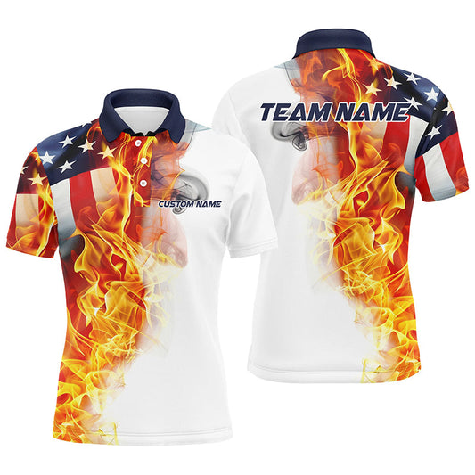 Cornbee Bowling American Flag Fire Personalized Name And Team Name Polo Shirt