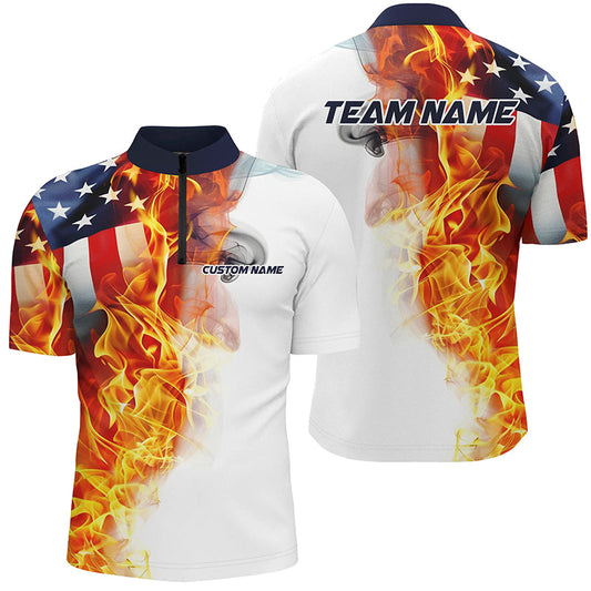 Cornbee Bowling American Flag Fire Personalized Name And Team Name Polo Shirt