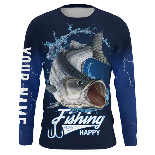 Cornbee Fishing Makes Me Happy 3D Shirt Striped Bass Fishing Personalized
