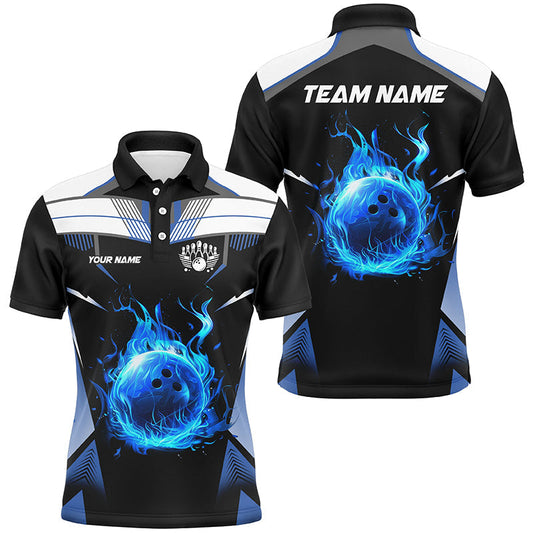 Cornbee Bowling Black And White Blue Flame Personalized Name And Team Name Polo Shirt