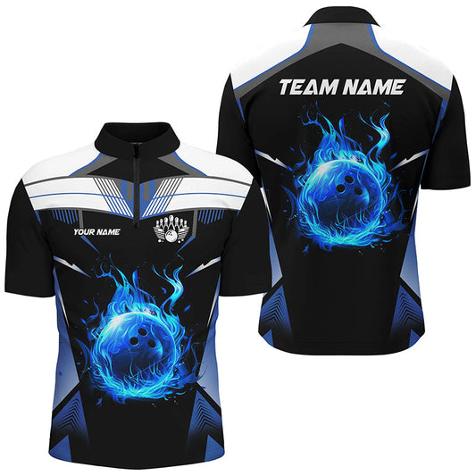 Cornbee Bowling Black And White Blue Flame Personalized Name And Team Name Polo Shirt