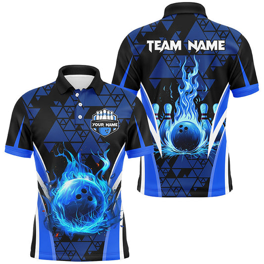 Cornbee Blue Triangle Pattern Flame Bowling Ball Pins Personalized Name And Team Name Polo Shirt