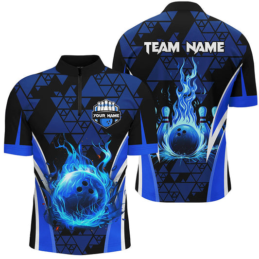 Cornbee Blue Triangle Pattern Flame Bowling Ball Pins Personalized Name And Team Name Polo Shirt