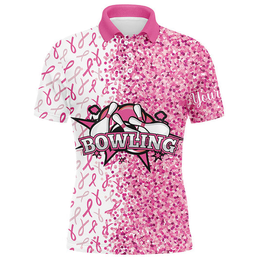 Cornbee Bowling Breast Cancer Awareness Pink Glitter Ribbon Pattern Personalized Name And Team Name Polo Shirt