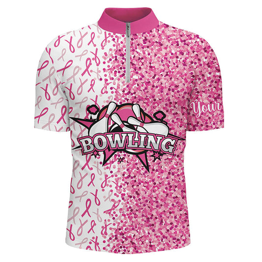 Cornbee Bowling Breast Cancer Awareness Pink Glitter Ribbon Pattern Personalized Name And Team Name Polo Shirt