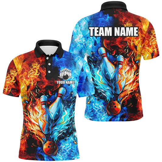 Cornbee Bowling Blue And Orange Two Sides Flame Personalized Name And Team Name Polo Shirt