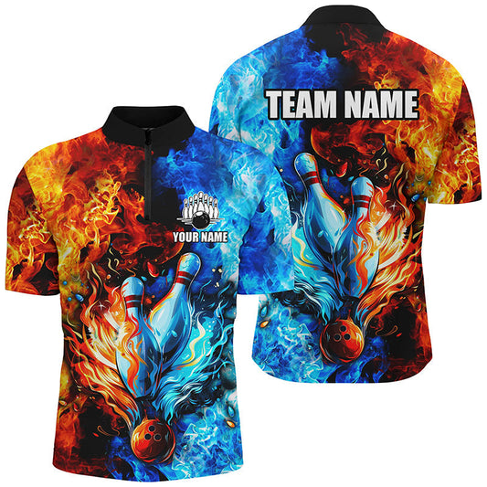 Cornbee Bowling Blue And Orange Two Sides Flame Personalized Name And Team Name Polo Shirt