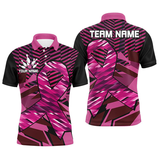 Cornbee Bowling Breast Cancer Awareness Black And Pink Ribbons Personalized Name And Team Name Polo Shirt