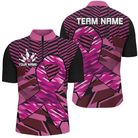 Cornbee Bowling Breast Cancer Awareness Black And Pink Ribbons Personalized Name And Team Name Polo Shirt