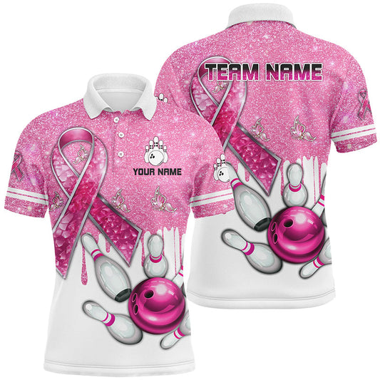 Cornbee Bowling Breast Cancer Awareness Pink Ribbon Glitter Personalized Name And Team Name Polo Shirt