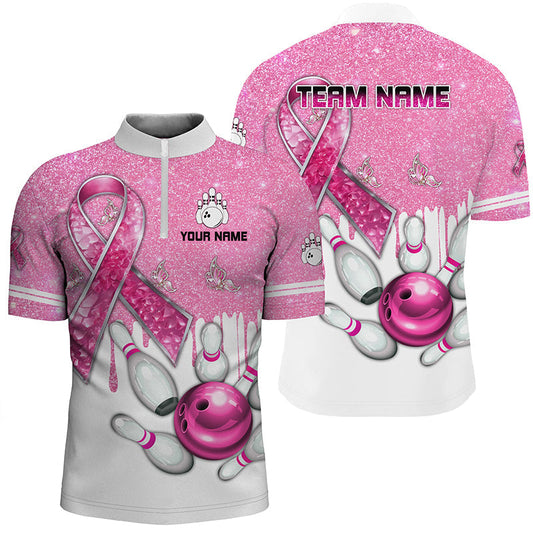 Cornbee Bowling Breast Cancer Awareness Pink Ribbon Glitter Personalized Name And Team Name Polo Shirt