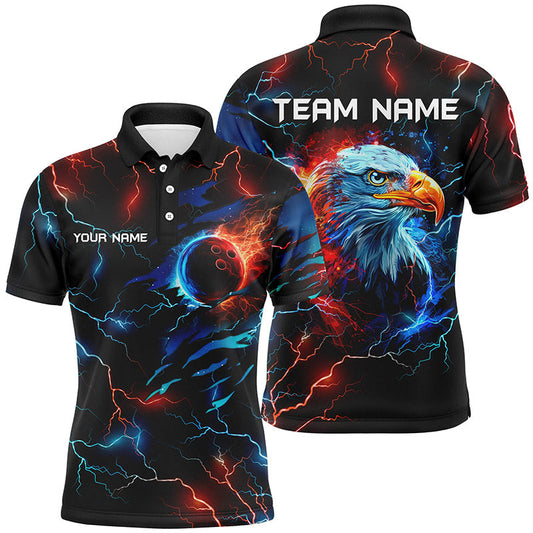 Cornbee Bowling Red And Blue Lightning Thunder Eagle Personalized Name And Team Name Polo Shirt