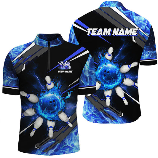 Cornbee Bowling Black Blue Fire Personalized Name Polo Shirt