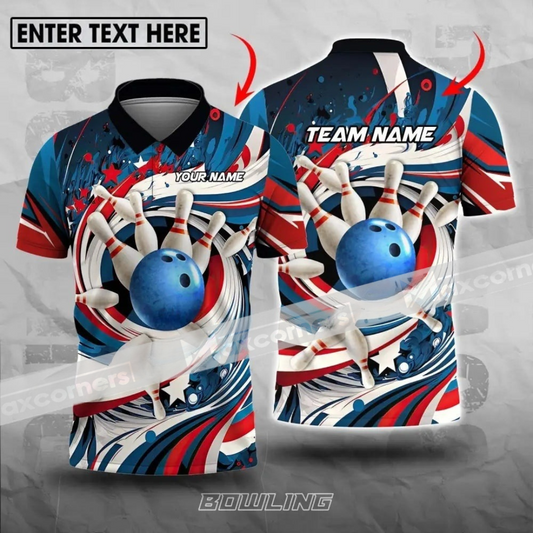 Cornbee Bowling Ball & Pins Blue Sport Jersey Multicolor Option Customized Name, Team Name 3D Polo Shirt