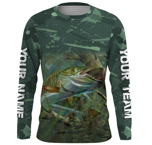 Cornbee Musky (Muskie) Fishing Green Camo Customize Name 3D Shirts