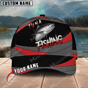 Cornbee Tuna Fishing Red Gray Spinning Pattern Personalized Name Metal Pattern 3D Classic Cap