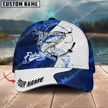 Cornbee Tuna Fishing Dark Blue Pattern Personalized Name Metal Pattern 3D Classic Cap