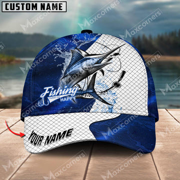 Cornbee Marlin Fishing Dark Blue Pattern Personalized Name Metal Pattern 3D Classic Cap