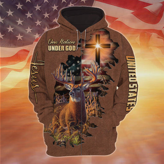 Cornbee Premium One Nation Under God Deer Hunting Zipper Hoodies 3D1 HM