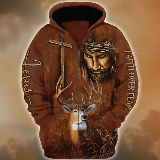 Cornbee Premium Unique Faith Over Fear Deer Hunting Zipper Hoodies 3D1 HM