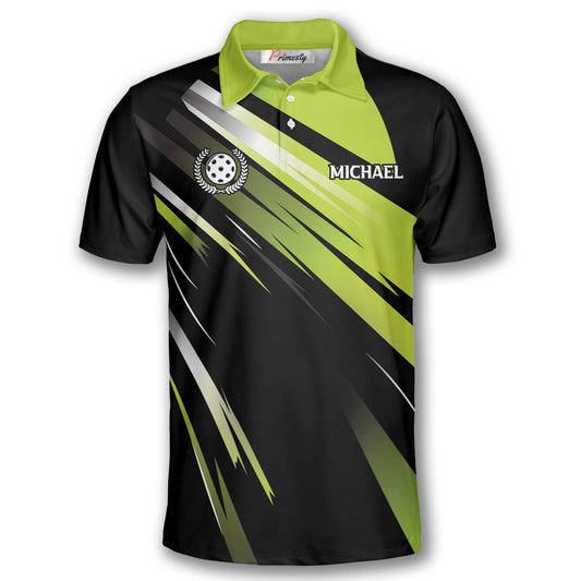 Cornbee Personalized Name and Team name Abstract Green Stripe Pickleball Shirts For Men 3D Polo Shirt