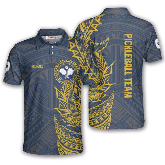 Cornbee Personalized Name and Team name Blue And Yellow Tribal Pickleball 3D Polo Shirt