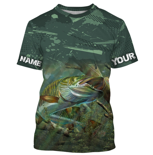 Cornbee Musky (Muskie) Fishing Green Camo Customize Name 3D Shirts