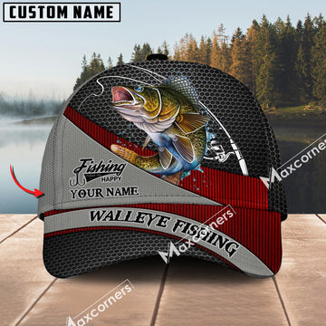 Cornbee Walleye Fishing Personalized Name Metal Pattern 3D Classic Cap