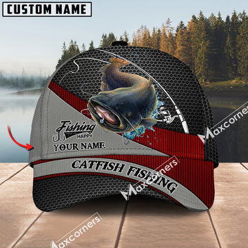 Cornbee Catfish Fishing Personalized Name Metal Pattern 3D Classic Cap