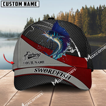 Cornbee Swordfish Fishing Personalized Name Metal Pattern 3D Classic Cap