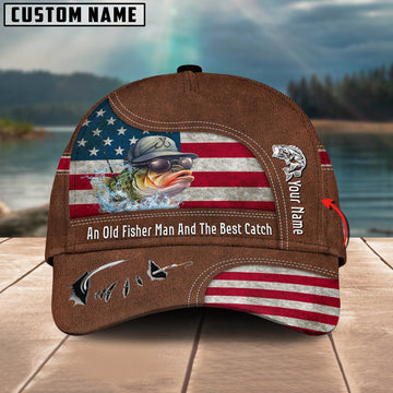 Cornbee Bass Fishing US Flag Personalized Name Blue 3D Classic Cap