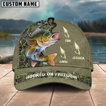 Cornbee Walleye Fishing Hooked On Freedom Personalized Name Blue 3D Classic Cap