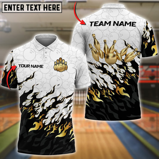 Cornbee Bowling Pattern Golden Fire Paint Personalized Name And Team Name 3D Polo Shirt