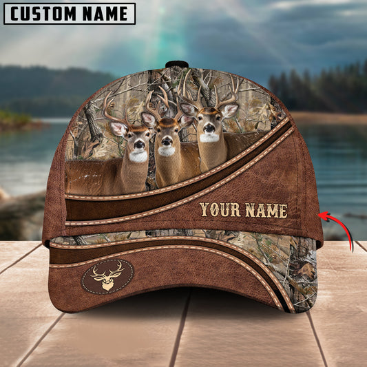 Cornbee Hunting Personalized Name Brown Leather Pattern 3D Classic Cap