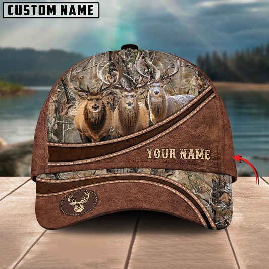 Cornbee Hunting Personalized Name Brown Leather Pattern 3D Classic Cap