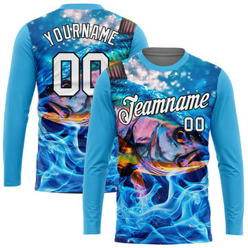 Cornbee Personalized Text Blue Fire Fishing 3D Long Sleeve Shirt