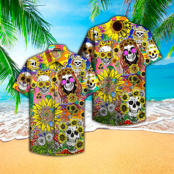 Sunflower Skull Hippie Hawaiian Shirt Cornbee