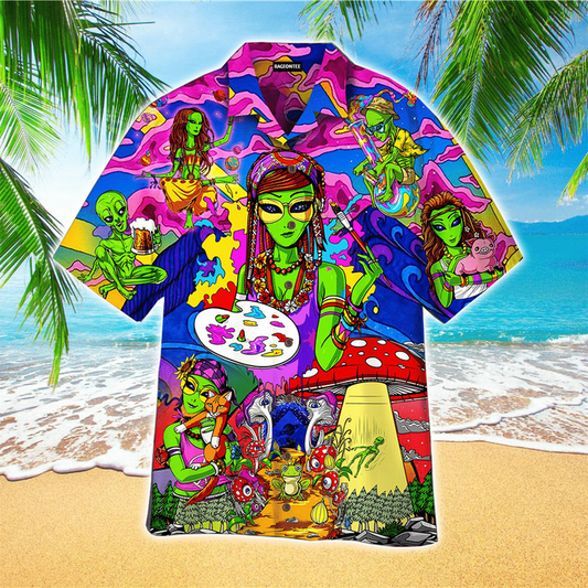 Alien In The World Of Mushrooms Hippie Hawaiian Shirt Cornbee