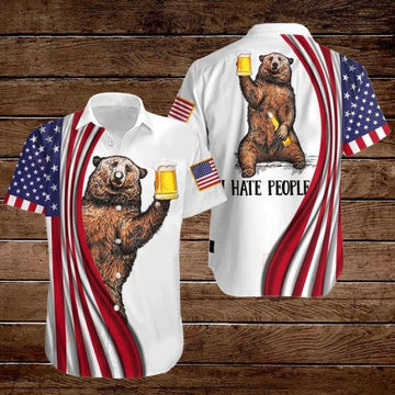 Bear And Beer American Flag 4th Of July Independence Day I Hate People Hawaiian Shirt Cornbee