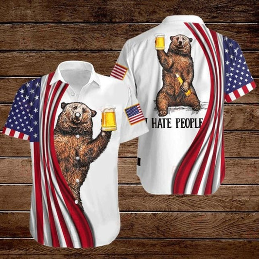 Bear And Beer American Flag 4th Of July Independence Day I Hate People Hawaiian Shirt Cornbee