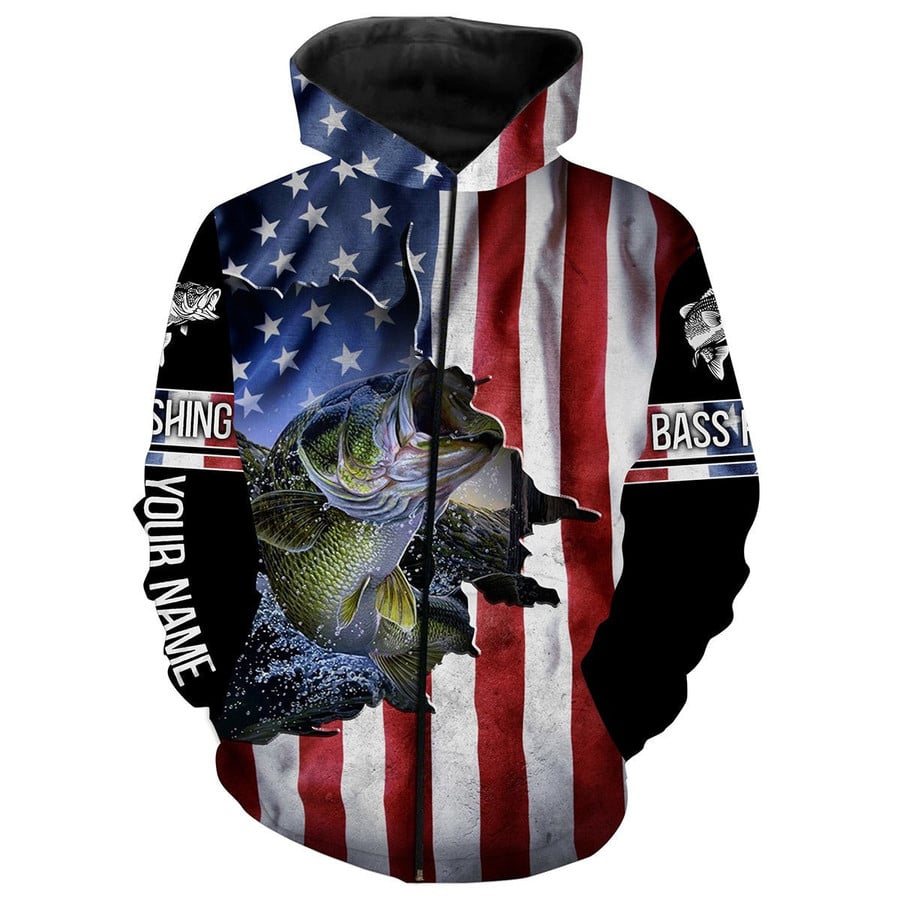 Cornbee Largemouth Bass Fishing American Flag Patriotic Fourth Of July Personalized Fishing Hm - Hoodie
