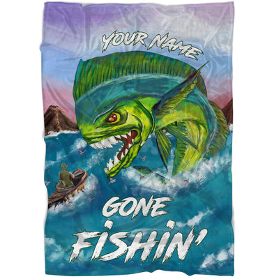 Gone Fishin Mahi-mahi (Dorado) saltwater fishing art custom name fishing fleece blanket Cornbee