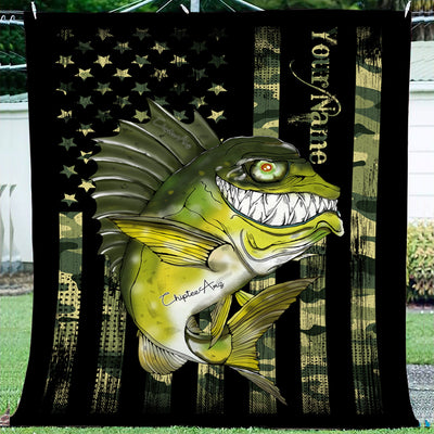 Largemouth Bass fishing American flag camo black funny bass fish art custom fleece blanket Cornbee