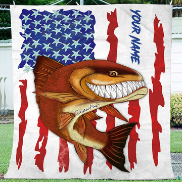 Redfish fishing American flag funny Red drum art custom name fishing fleece blanket Cornbee
