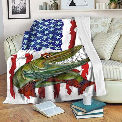 Muskellunge fishing American flag funny Musky art custom name fishing fleece blanket Cornbee